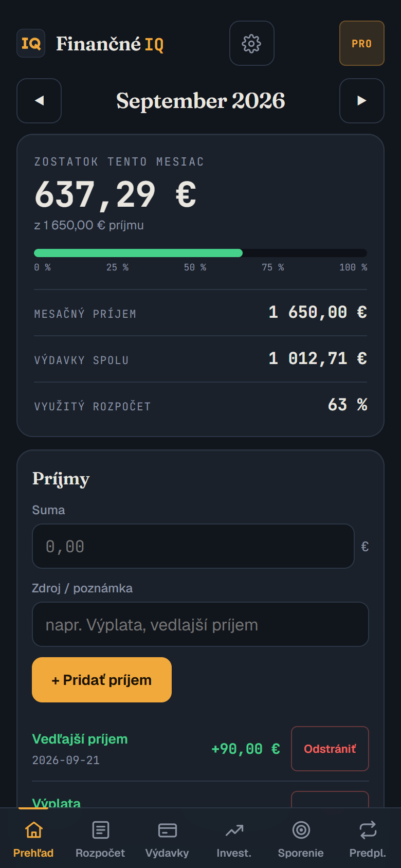 Finančné IQ na mobile: zostatok mesiaca, príjem, výdavky a využitý rozpočet